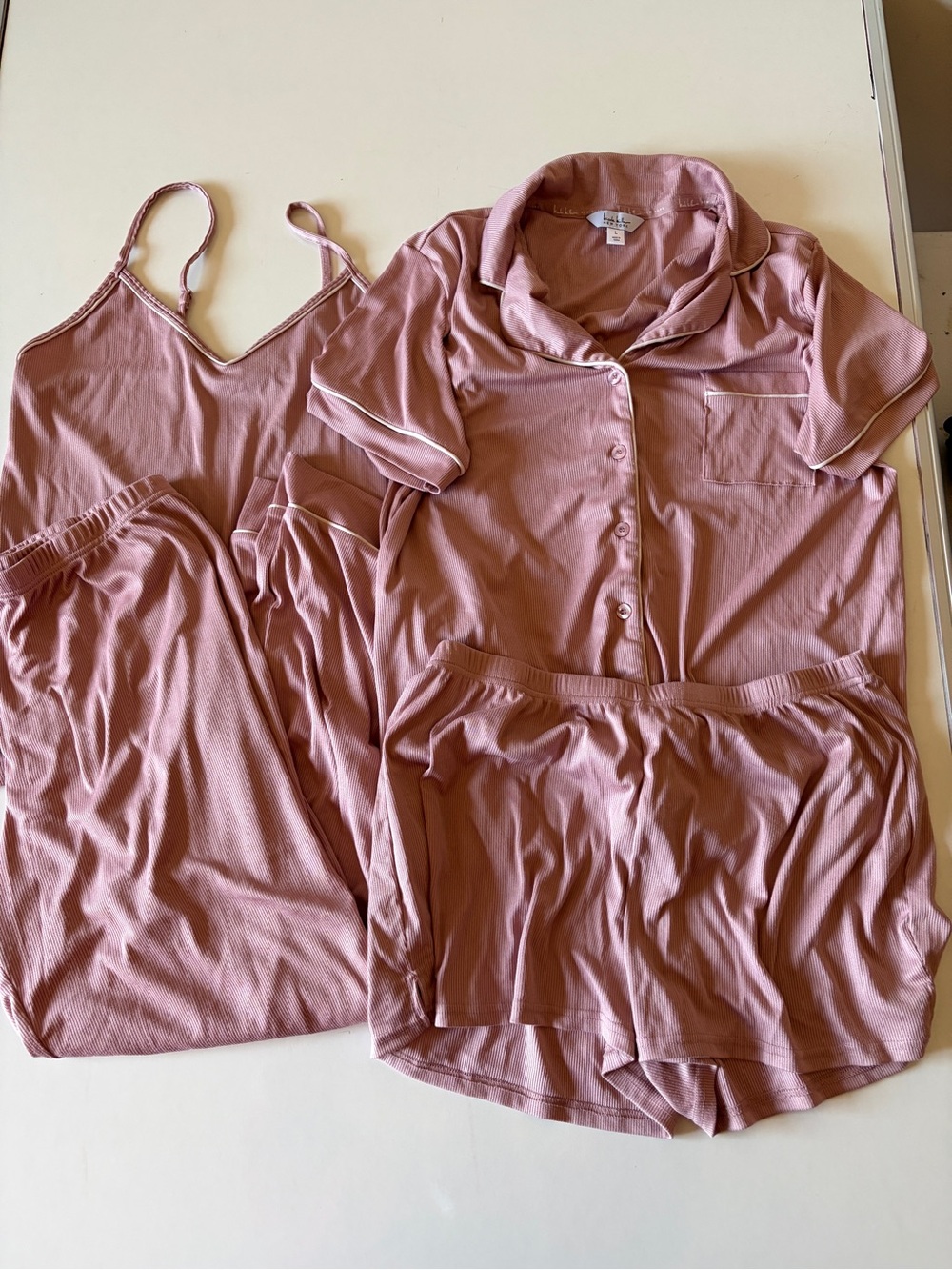 Nicole Miller New York Women's large Pink 4-Piece Ribbed Pajama Set shorts pants